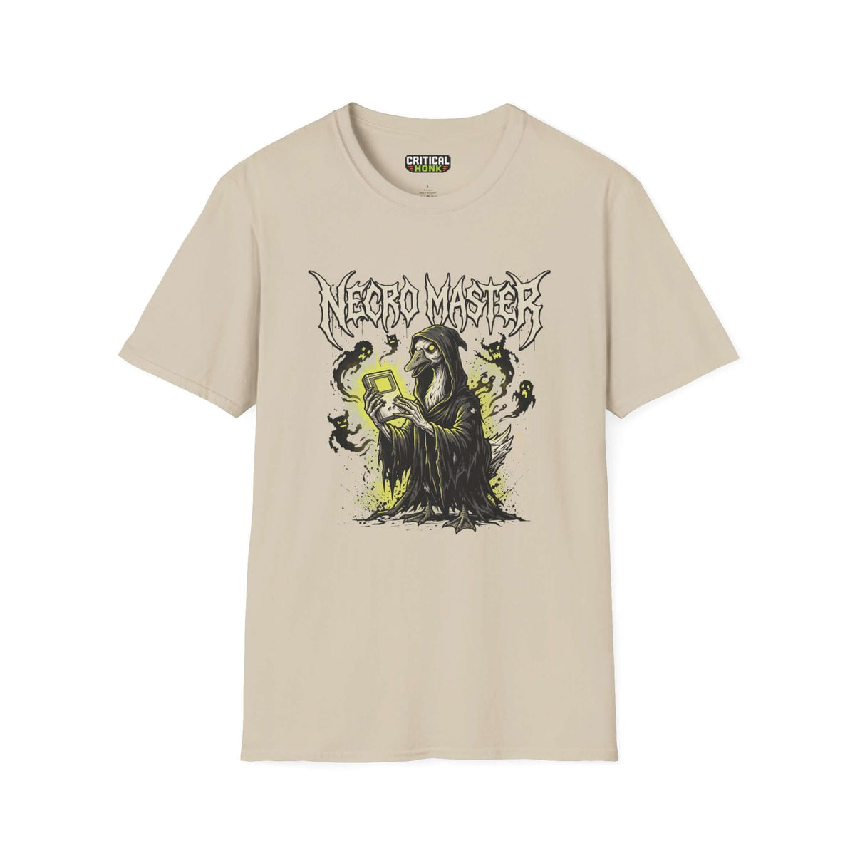 Necro master T-Shirt in sand color featuring a unique graphic design by Critical Honk, perfect for gamers and fans.