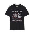 Blow-on-the-goose T-Shirt in black featuring a graphic of a goose and a video game controller on a softstyle fabric.