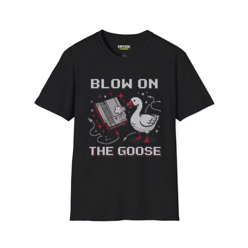 Blow-on-the-goose T-Shirt in black featuring a graphic of a goose and a video game controller on a softstyle fabric.