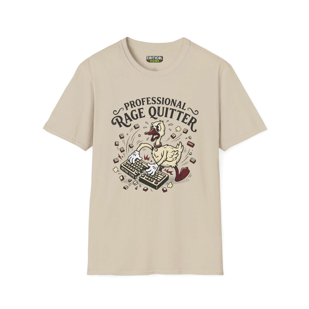 Professional rage quitter T-Shirt featuring a whimsical design on a sand colored fabric, ideal for gamers.