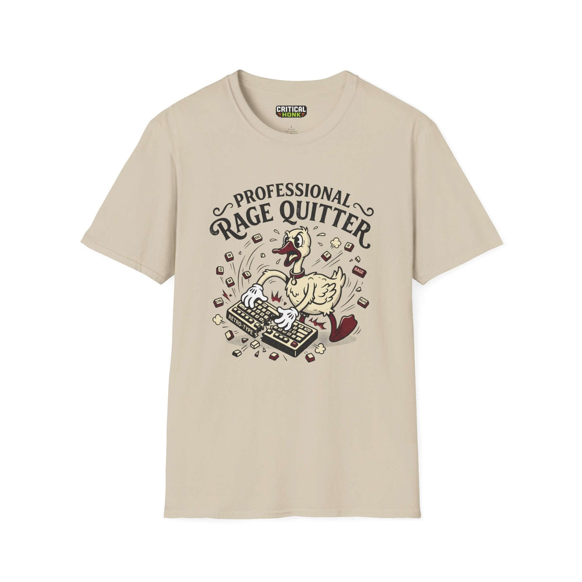 Professional rage quitter T-Shirt featuring a whimsical design on a sand colored fabric, ideal for gamers.
