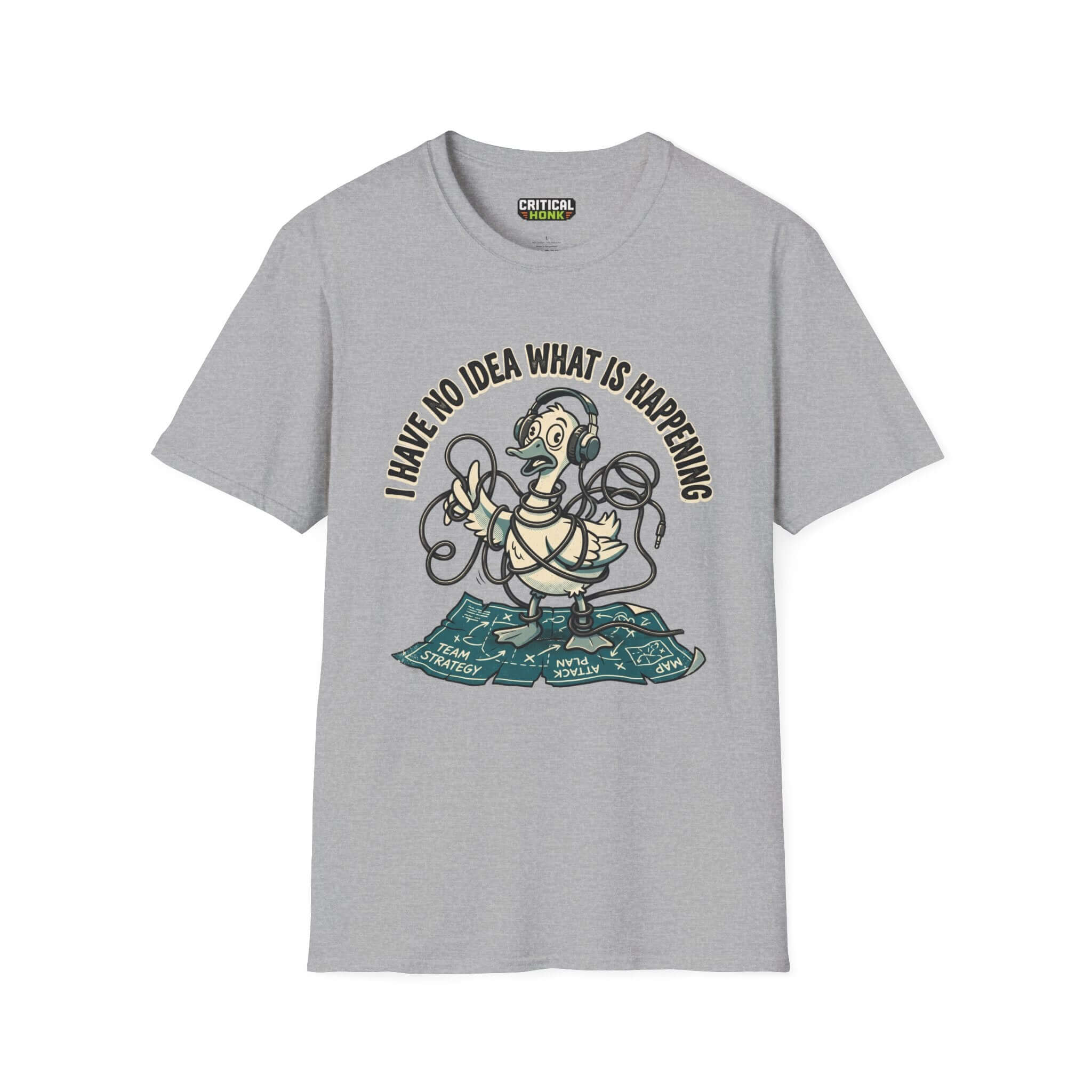 No idea what is happening T-Shirt in Sport Grey with graphic design, from the Critical Honk Collection.