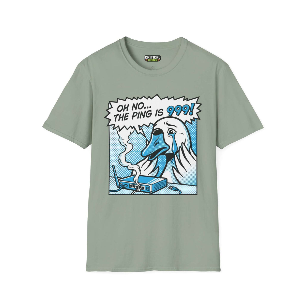 Ping 999 T-Shirt in sage featuring a comic-style design with a distressed duck illustration.