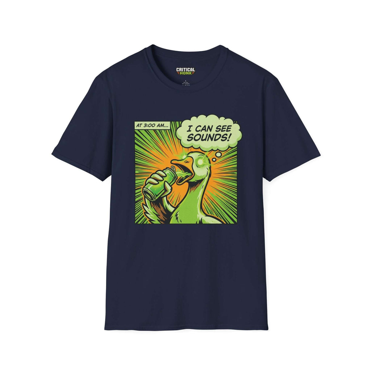 I can see sounds T-Shirt in navy featuring a cartoon duck graphic drinking a beverage with a vibrant design.