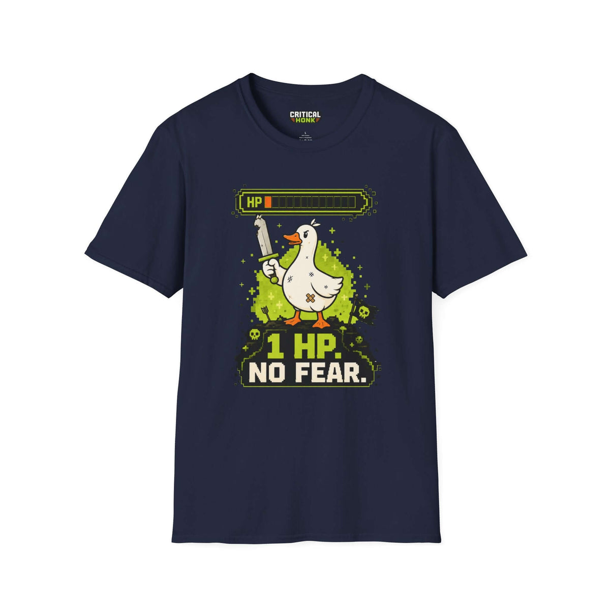 One hp T-Shirt featuring a graphic of a duck with a sword on a navy background, from the Critical Honk Collection.
