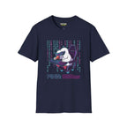 Ping 999ms T-Shirt in navy featuring a playful design with a duck gaming on a computer.