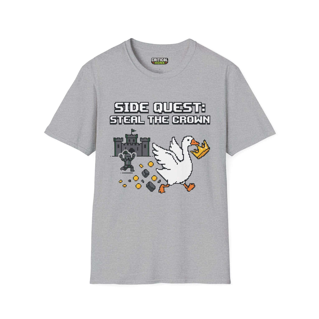 Side Quest T-Shirt in Sport Grey featuring a pixelated goose stealing a crown with castle backdrop.