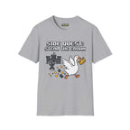 Side Quest T-Shirt in Sport Grey featuring a pixelated goose stealing a crown with castle backdrop.
