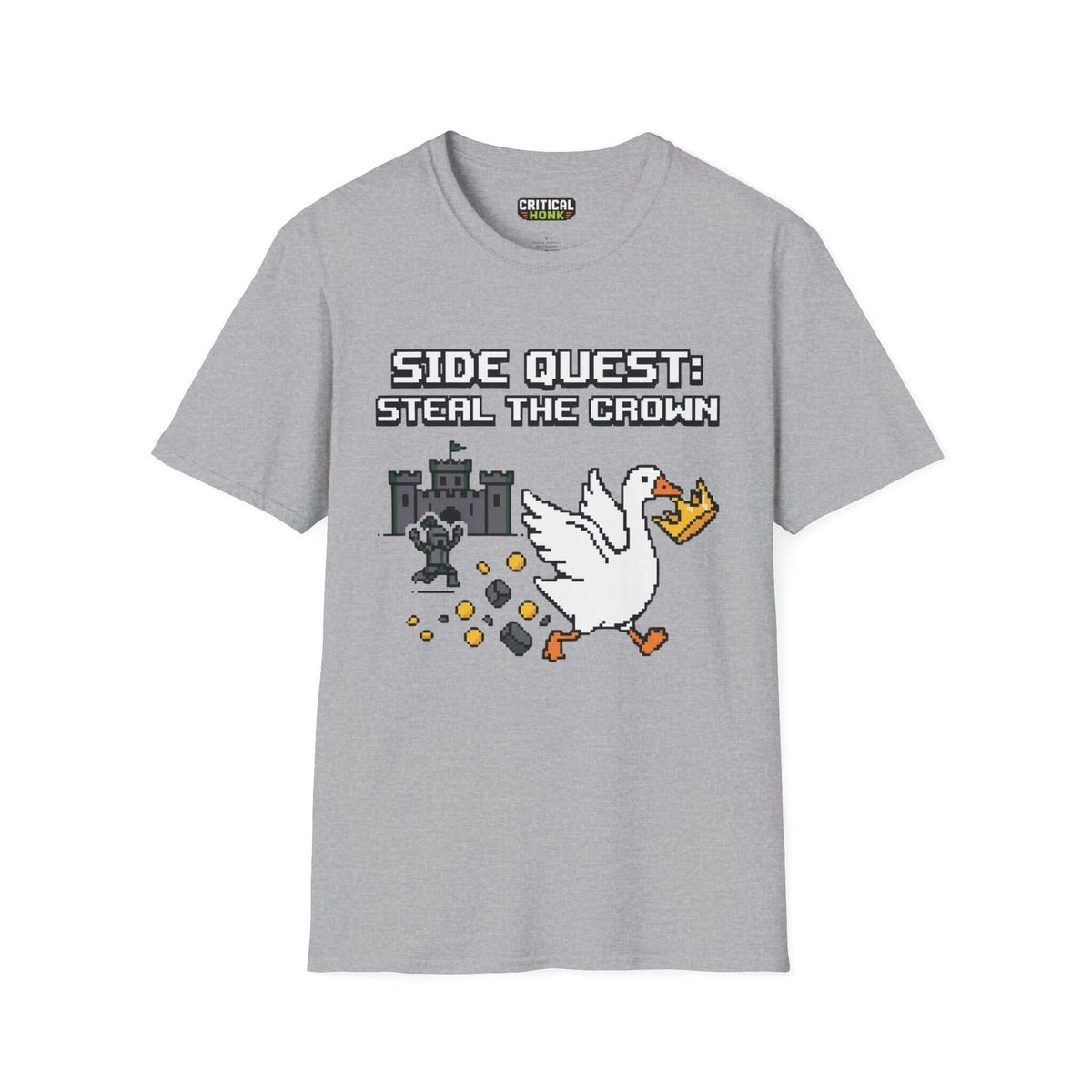 Side Quest T-Shirt in Sport Grey featuring a pixelated goose stealing a crown with castle backdrop.