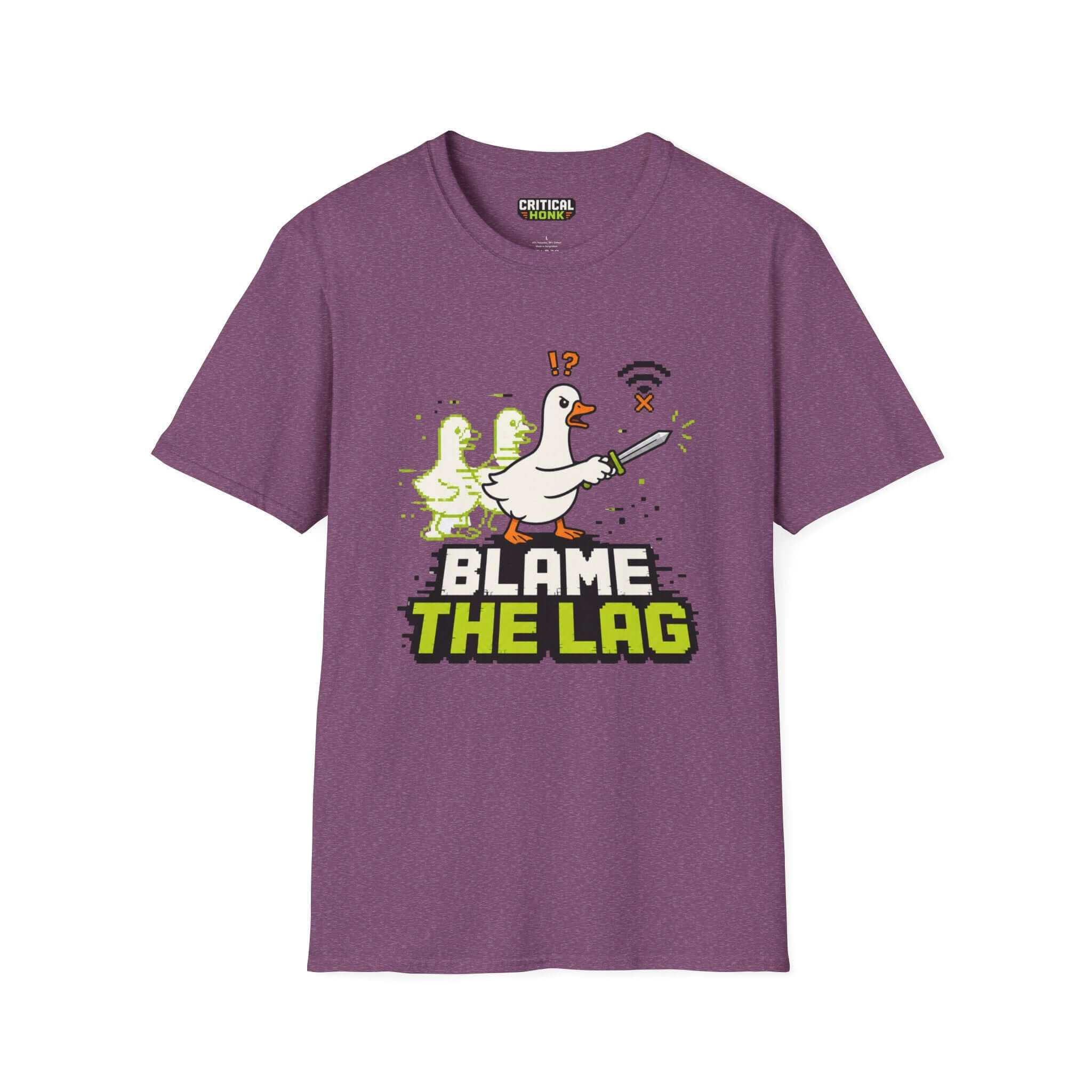 Blame the lag T-Shirt in Heather Maroon featuring a graphics print of a duck with a knife and wireless signal.