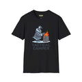 Tactical camper T-Shirt in black featuring a whimsical graphic of a goose by a fire, Gildan Softstyle 64000.