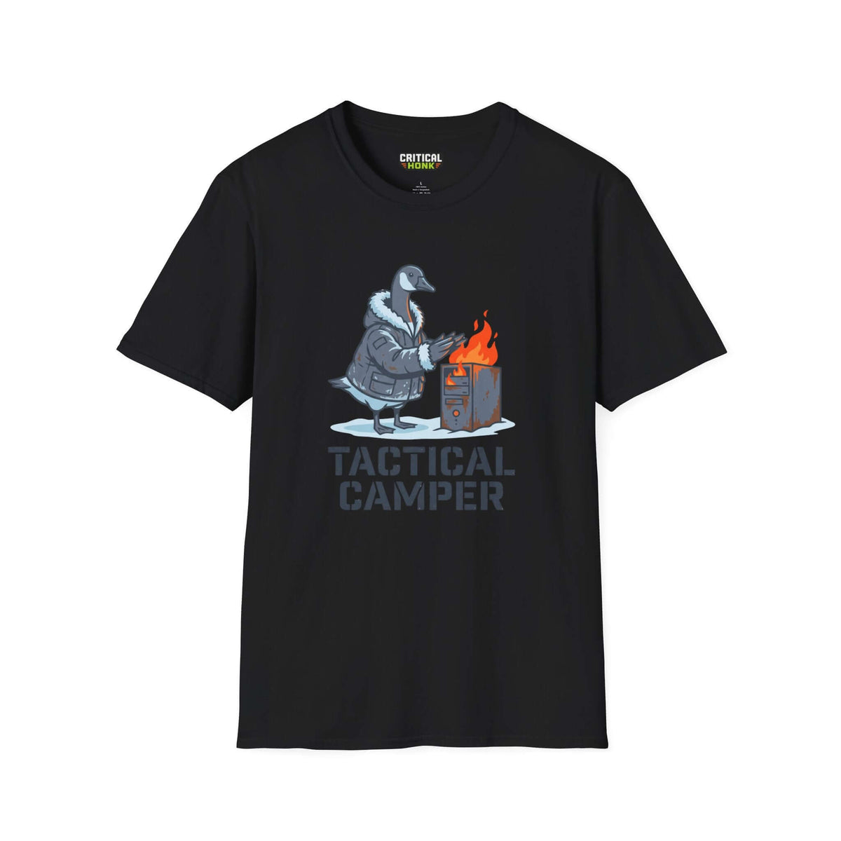 Tactical camper T-Shirt in black featuring a whimsical graphic of a goose by a fire, Gildan Softstyle 64000.
