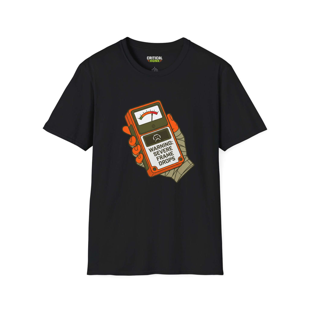 Frame drops T-Shirt featuring a warning graphic on a black Gildan Softstyle unisex tee, perfect for gaming enthusiasts.