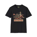Wasteland carry T-Shirt in black featuring a duck driving a vehicle, part of the Critical Honk collection.