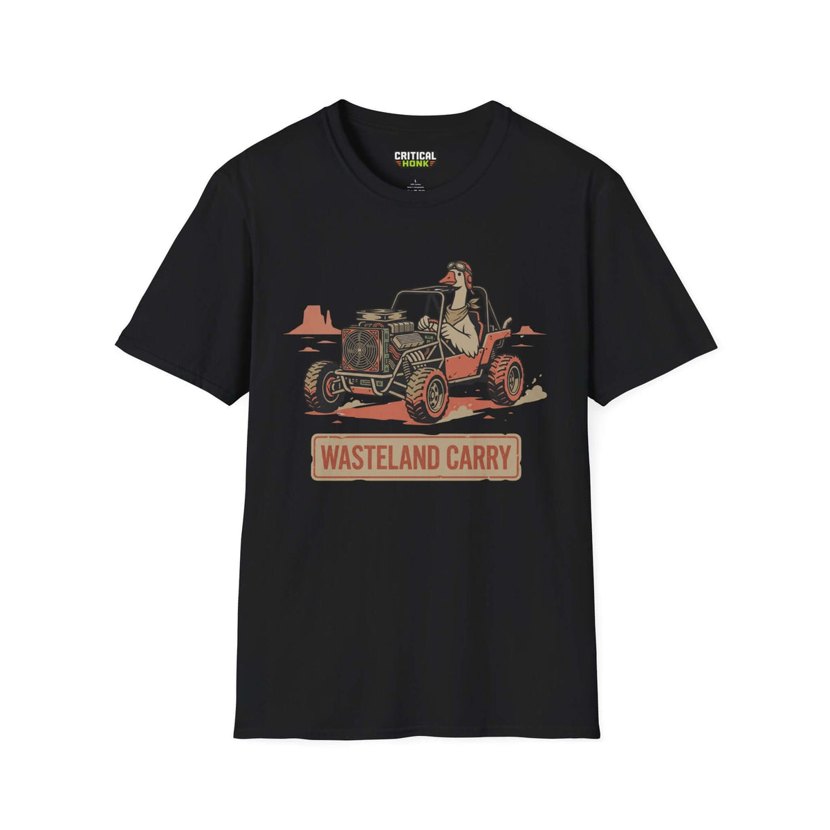 Wasteland carry T-Shirt in black featuring a duck driving a vehicle, part of the Critical Honk collection.