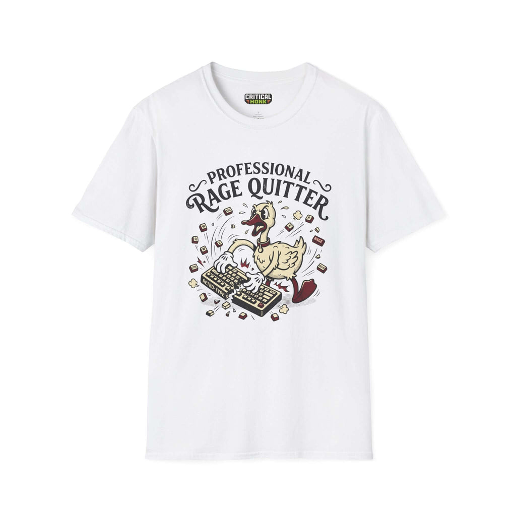 Professional rage quitter T-Shirt featuring a cartoon duck on a white Gildan Softstyle tee.
