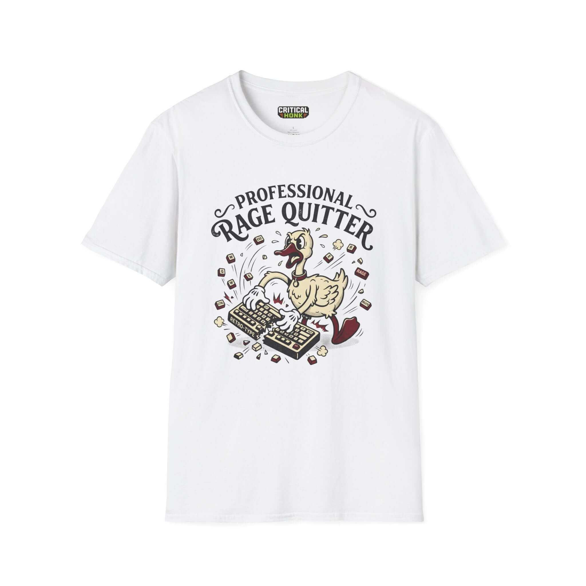 Professional rage quitter T-Shirt featuring a cartoon duck on a white Gildan Softstyle tee.