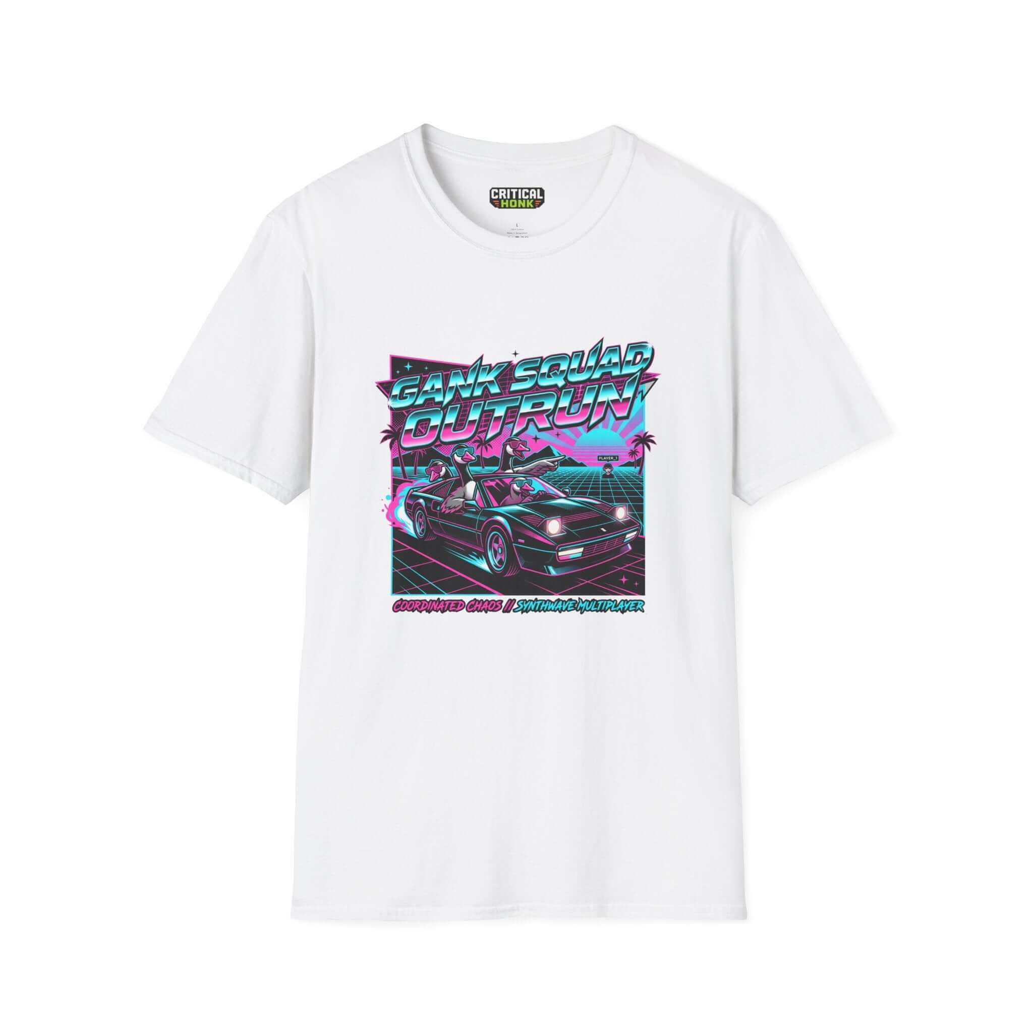 Gank-squad-outrun T-Shirt in white with vibrant graphics, part of the Critical Honk Chaos Inspired Apparel collection.