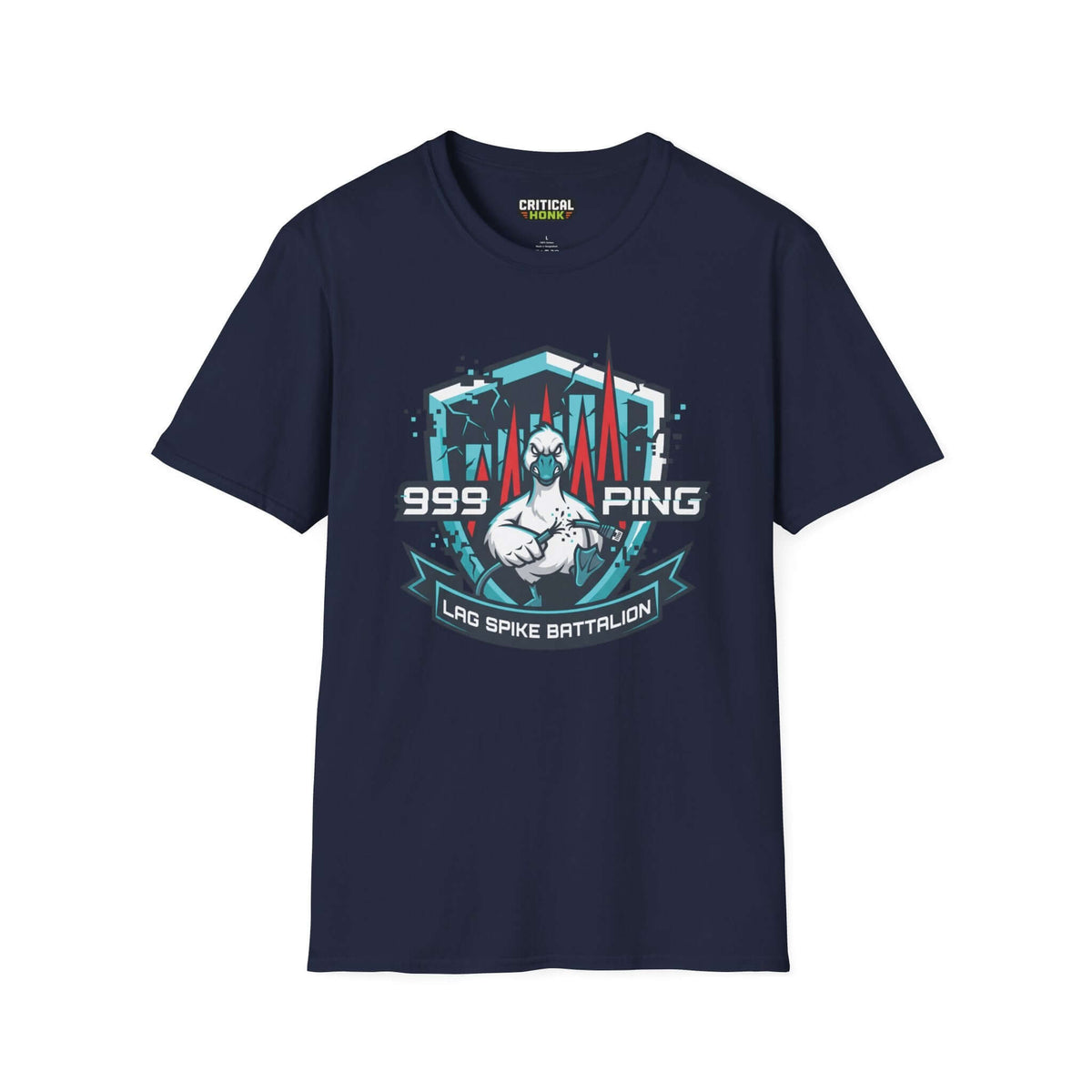 Lag spike T-Shirt in navy featuring a graphic of the Lag Spike Battalion and 999 Ping, made from soft ring-spun cotton.