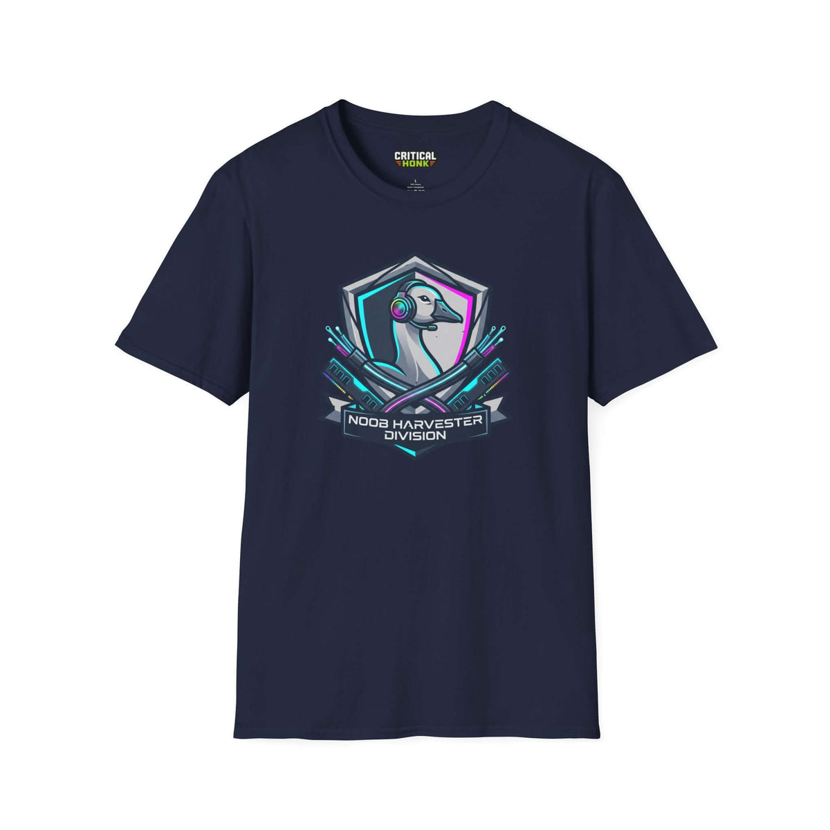 Noob harvester T-Shirt in navy featuring a graphic design with a gaming duck and headphones from the Critical Honk Collection.