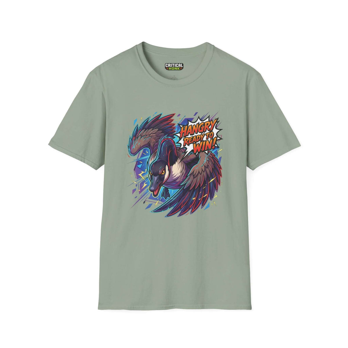 Hangry to win T-Shirt in sage color featuring a vibrant graphic design. Unisex fit, soft fabric, made in the USA.
