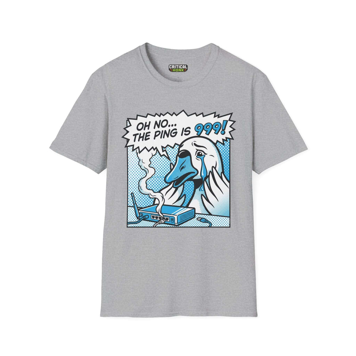 Ping 999 T-Shirt in Sport Grey featuring a cartoon duck design with the text 'OH NO... THE PING IS 999!'