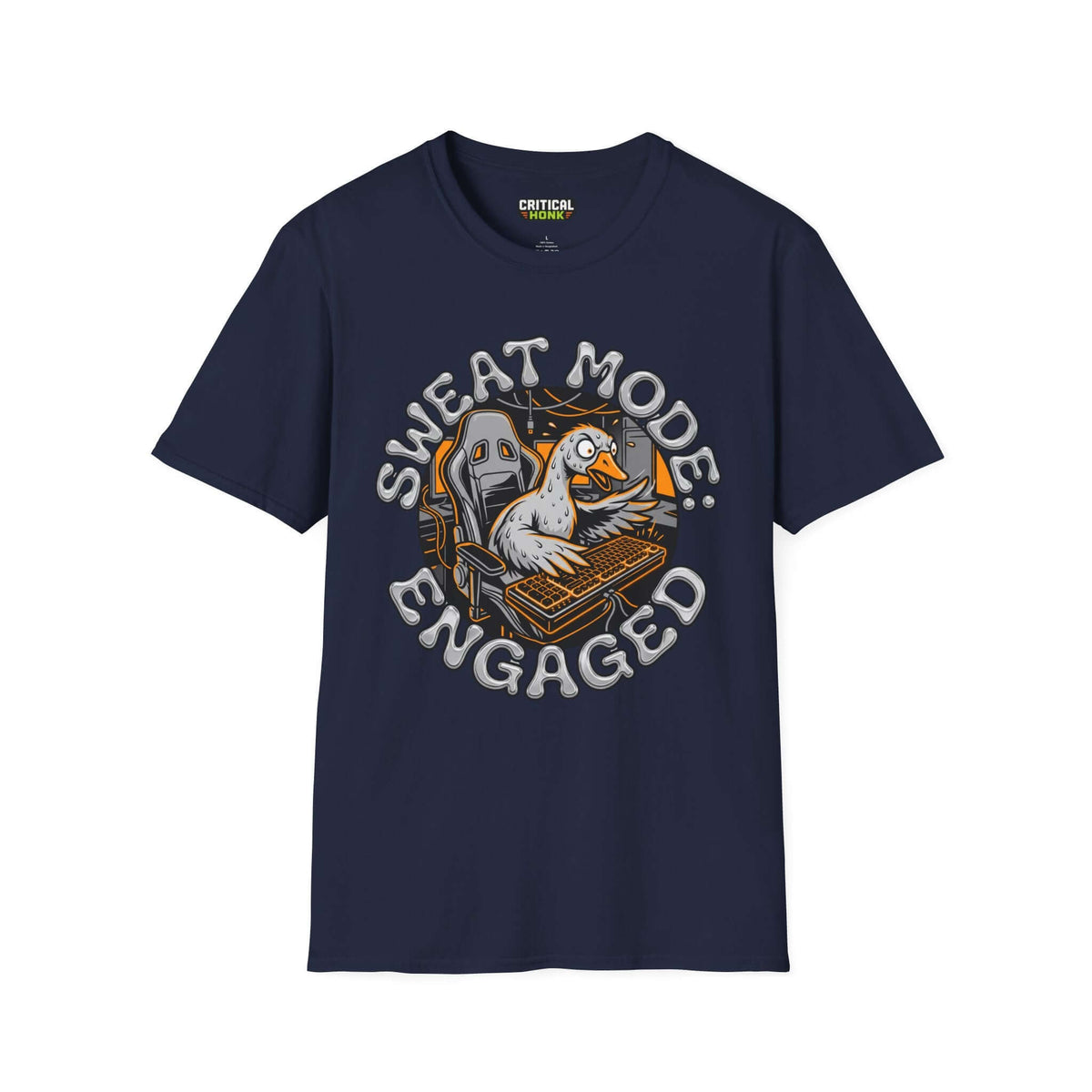 Navy Sweat mode engaged T-Shirt featuring a duck gaming design, part of the Critical Honk Collection.