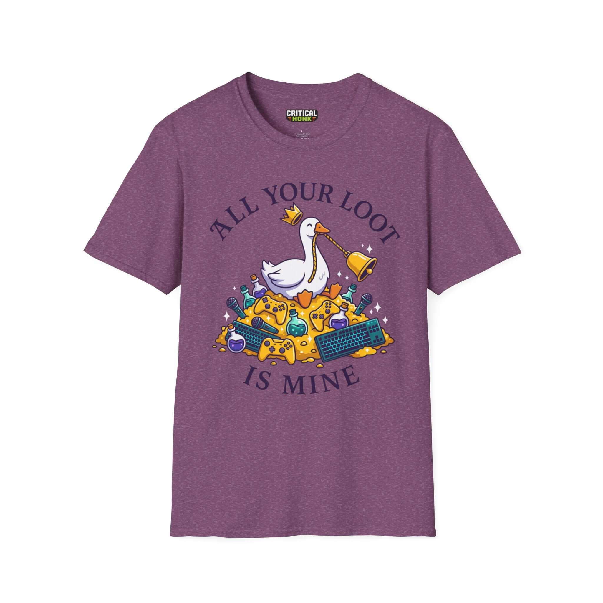 All your loot is mine T-Shirt in Heather Maroon featuring a graphic of a playful swan with gaming items.
