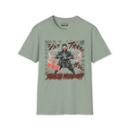 Stealth mode off T-Shirt in sage color, featuring a graphic design with a character in action, made of 100% ring-spun cotton.