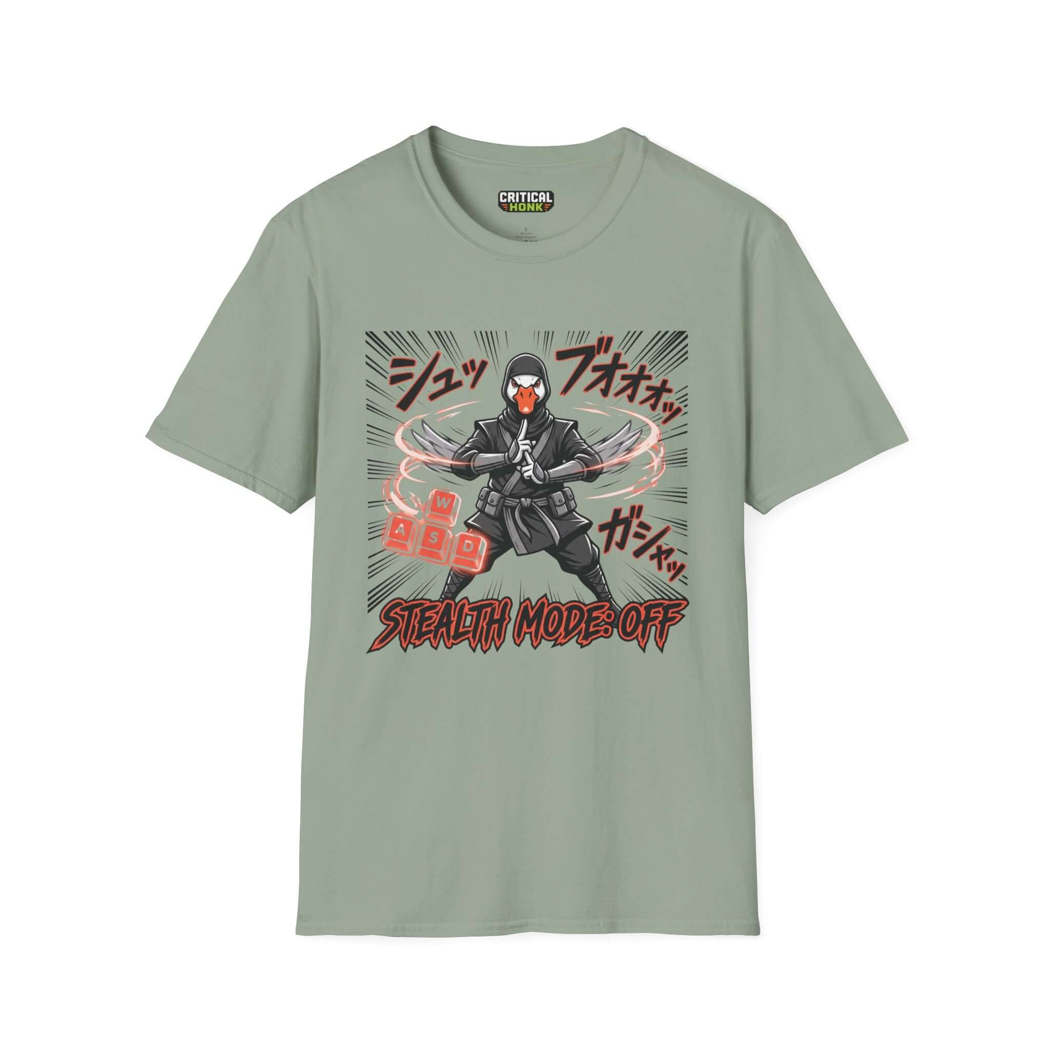 Stealth mode off T-Shirt in sage color, featuring a graphic design with a character in action, made of 100% ring-spun cotton.