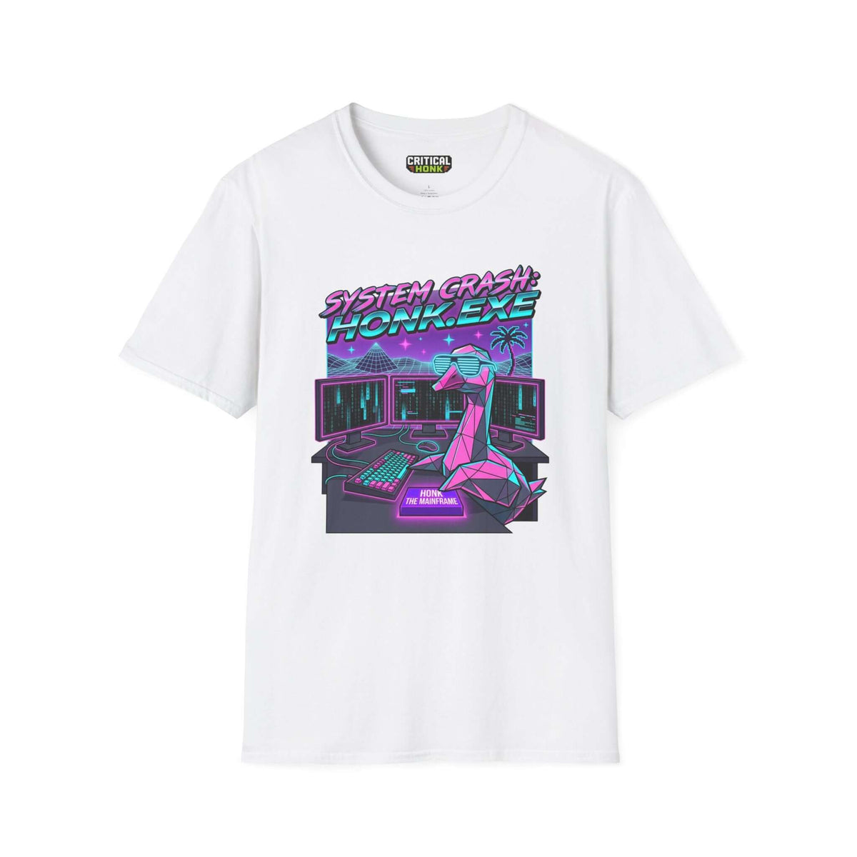 System crash honk exe T-Shirt featuring neon graphic, unisex fit, 100% cotton, lightweight fabric, white color.