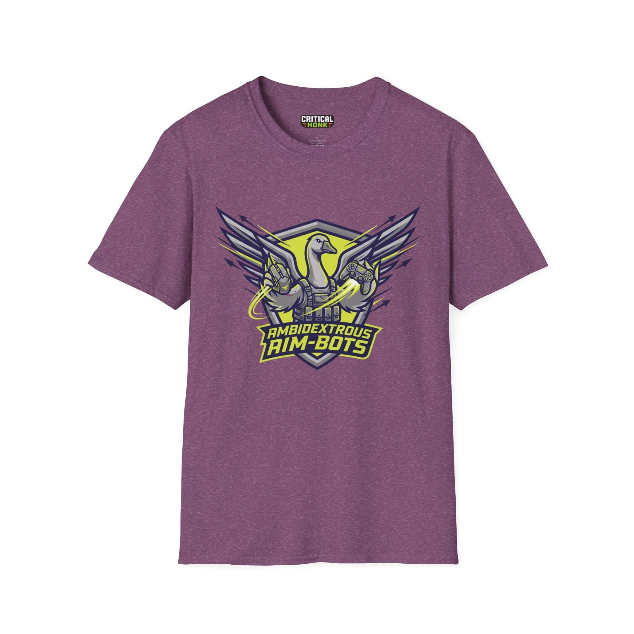 Ambidextrous goose T-Shirt in Heather Maroon with a unique graphic design from the Critical Honk collection.
