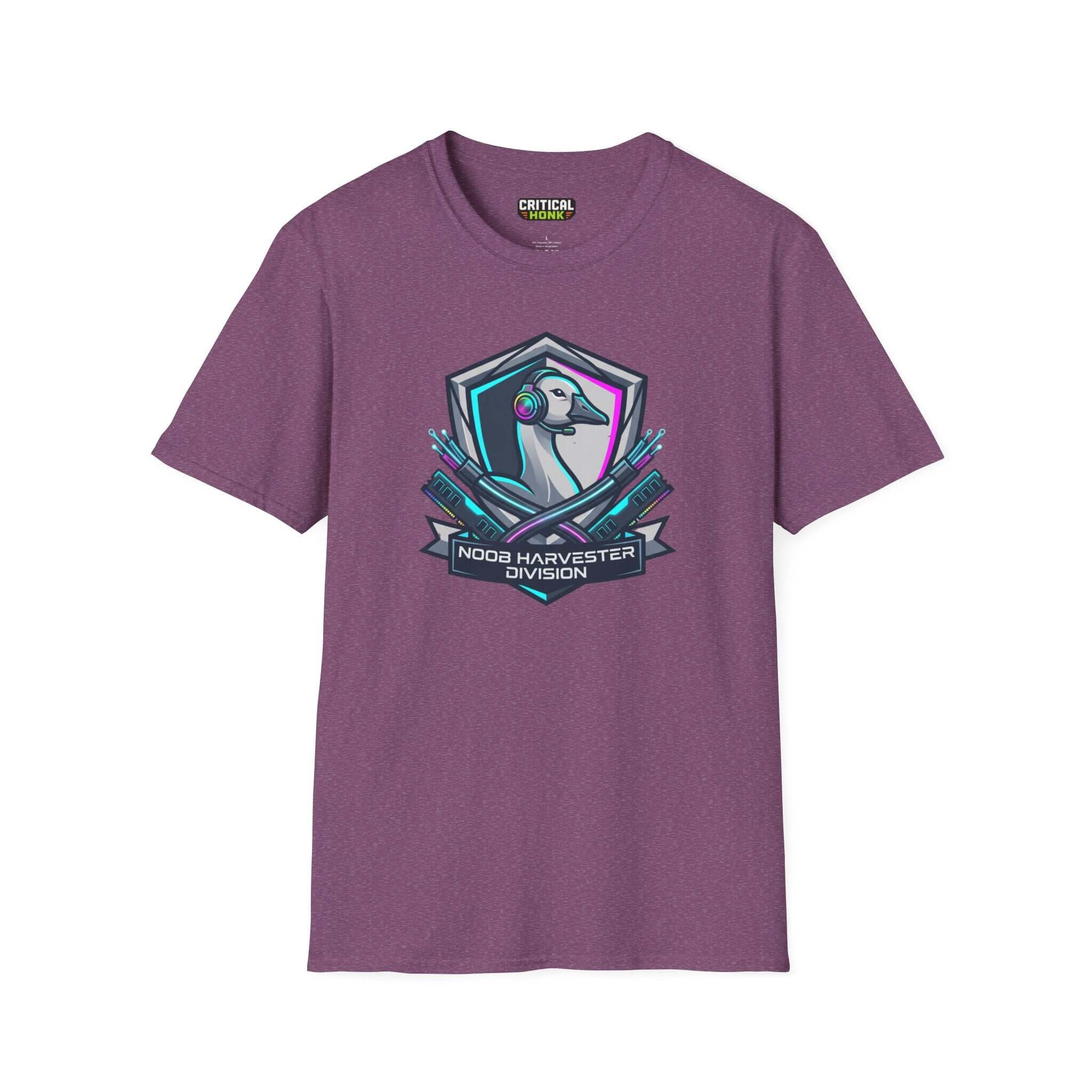 Noob harvester T-Shirt in Heather Maroon featuring a unique design from Critical Honk Collection.