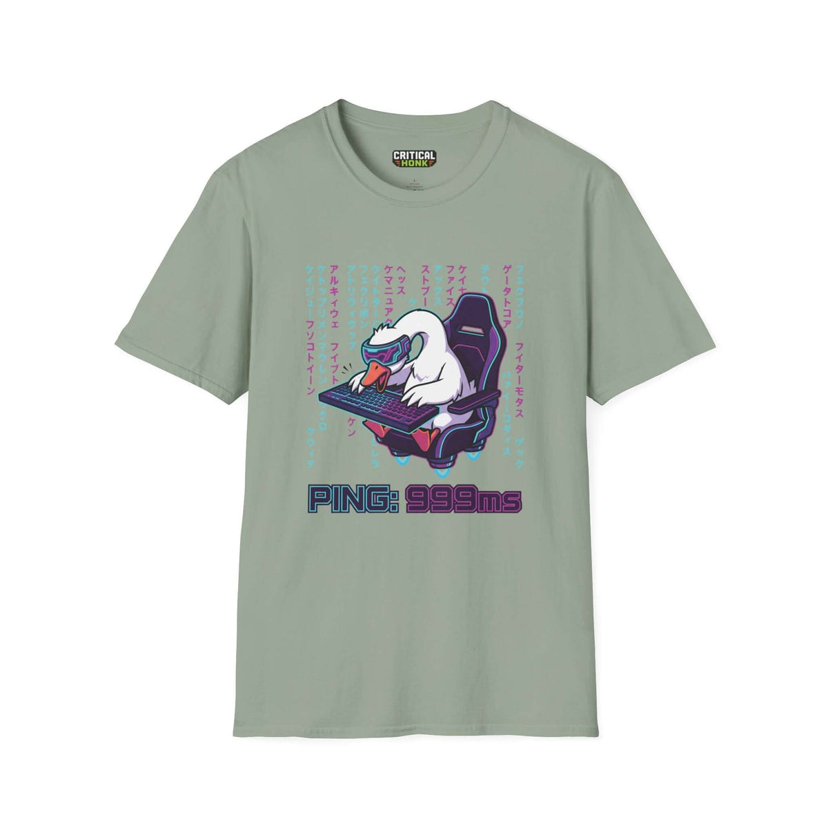 Ping 999ms T-Shirt in sage color featuring a playful gaming graphic and unisex fit, made of 100% ring-spun cotton.