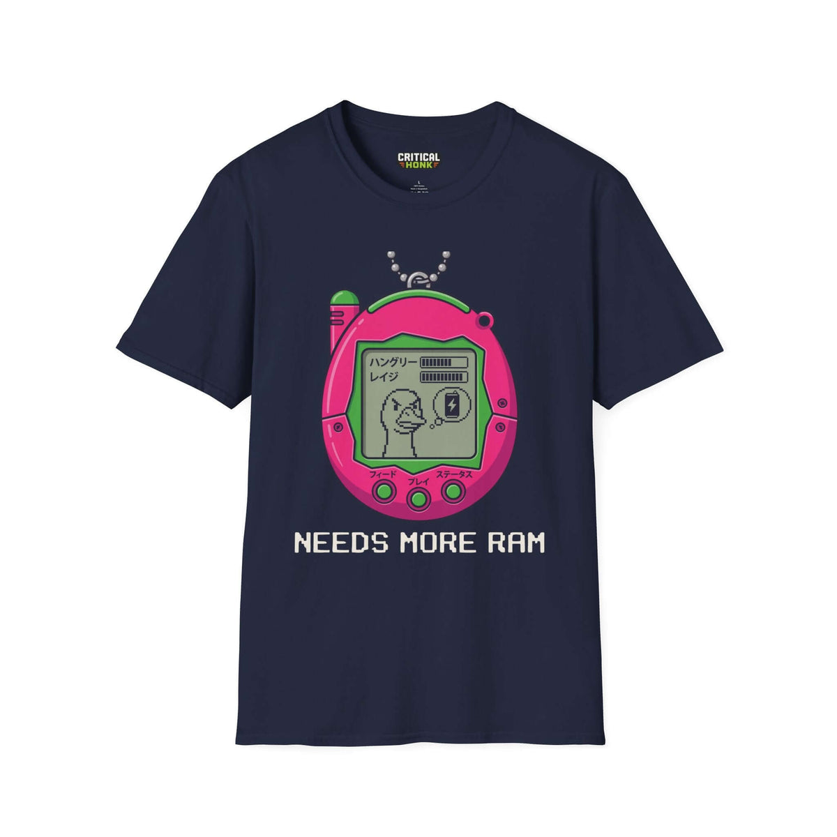 Need more ram T-Shirt in navy with vintage game graphic, made from 100% ring-spun cotton, unisex fit.