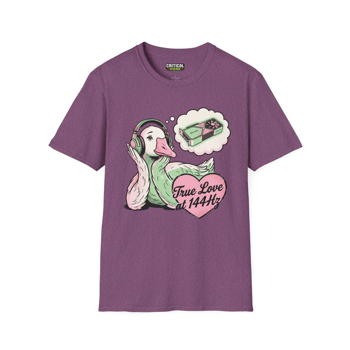 True love T-Shirt featuring a cartoon duck in headphones on a Heather Maroon background from the Critical Honk Collection.