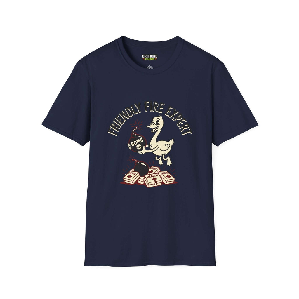 Friendly Fire T-Shirt in navy featuring a playful design with a duck and bomb from the Critical Honk Collection.