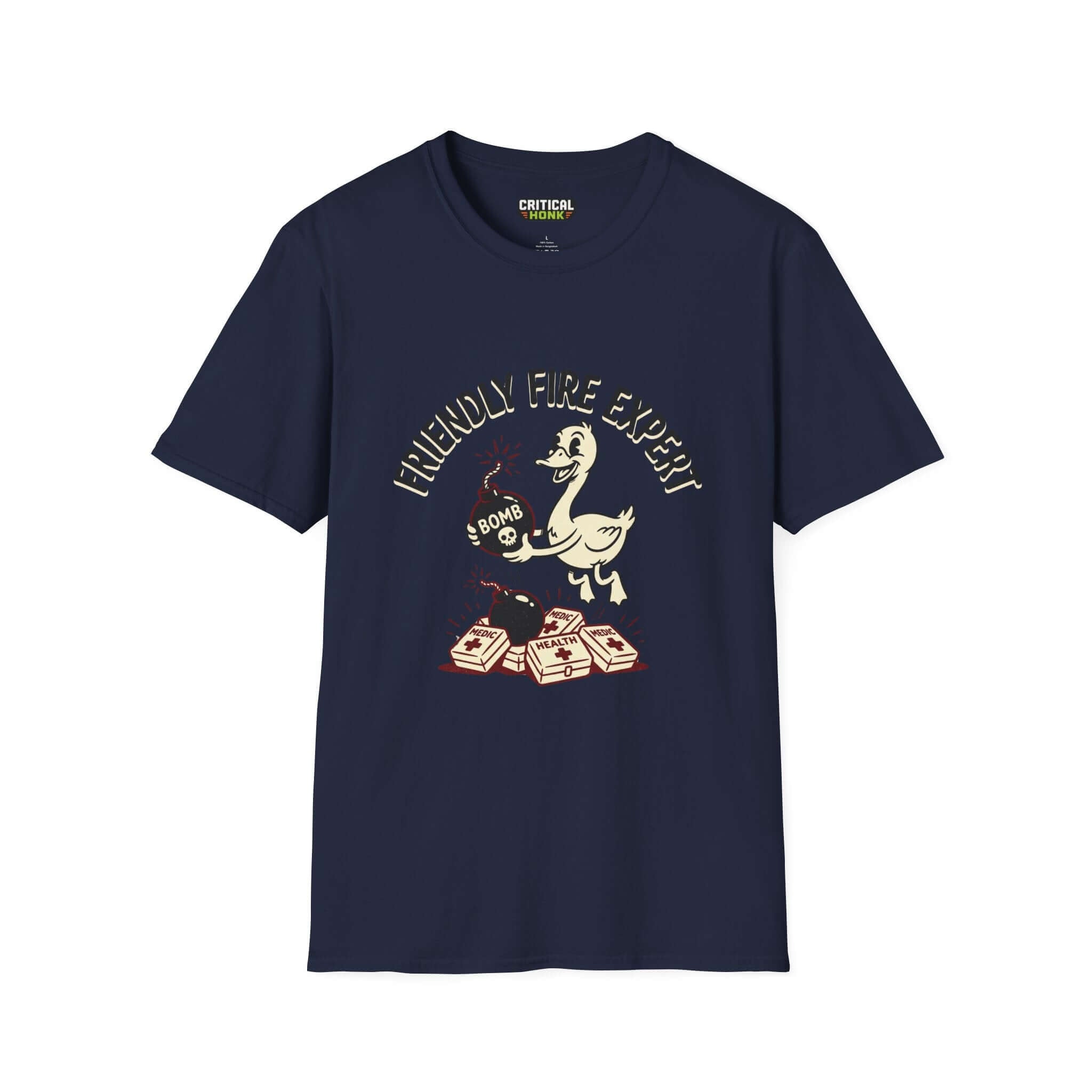 Friendly Fire T-Shirt in navy featuring a playful design with a duck and bomb from the Critical Honk Collection.