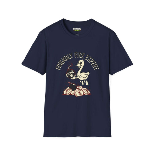 Friendly Fire T-Shirt in navy featuring a playful design with a duck and bomb from the Critical Honk Collection.