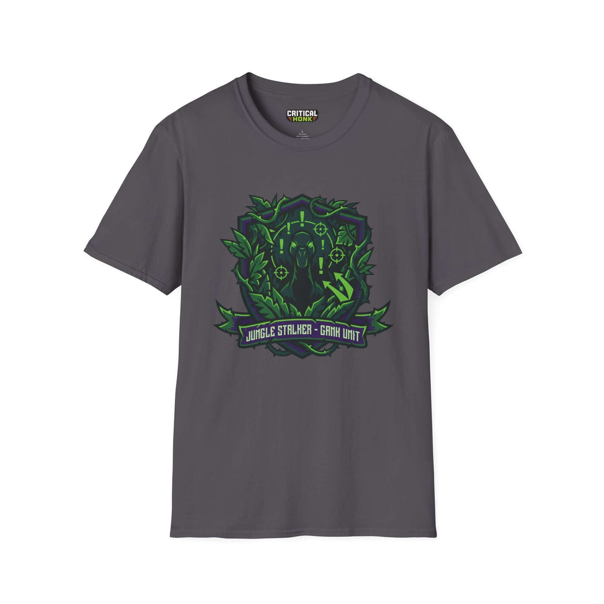 Gank unit T-Shirt in charcoal featuring 'Jungle Stalker - Gank Unit' design, made from 100% ring-spun cotton.