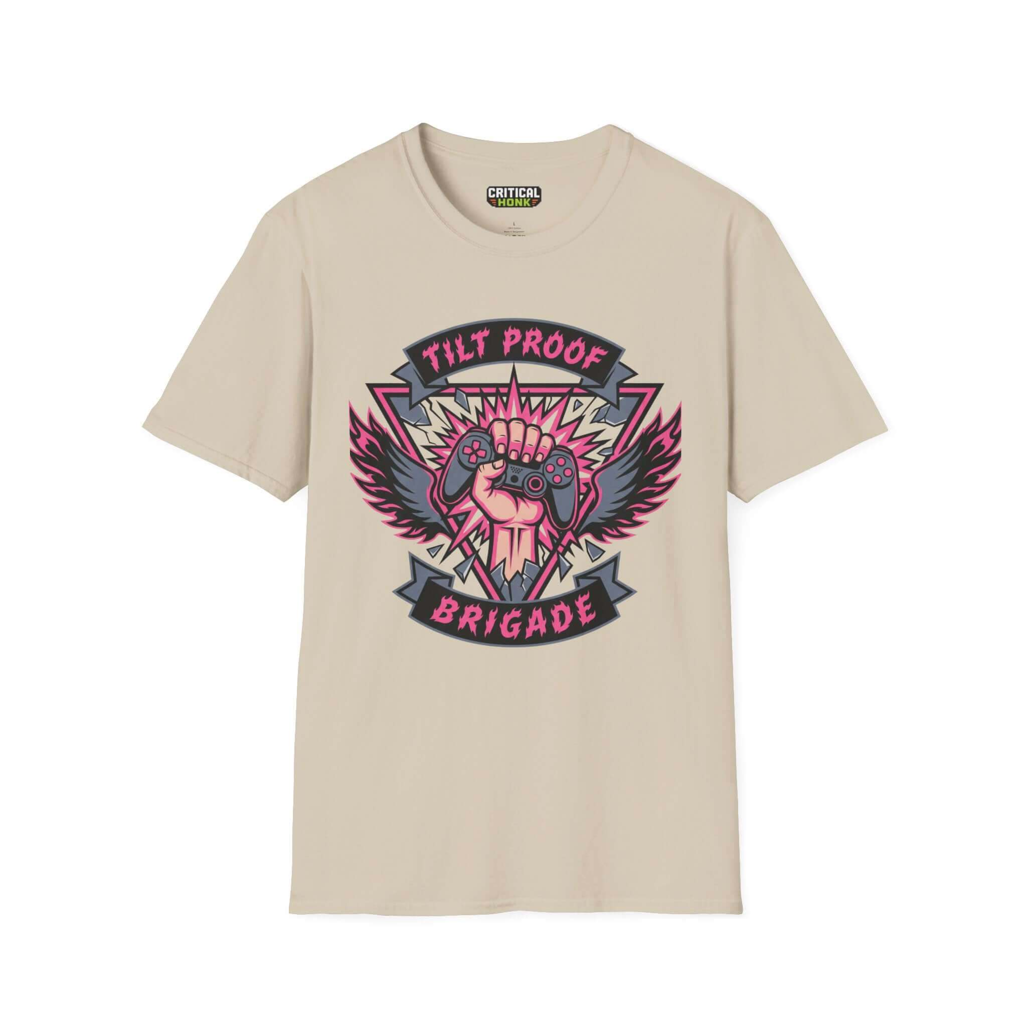 Proof brigade T-Shirt in sand color with a bold graphic design featuring gaming elements and vibrant colors.
