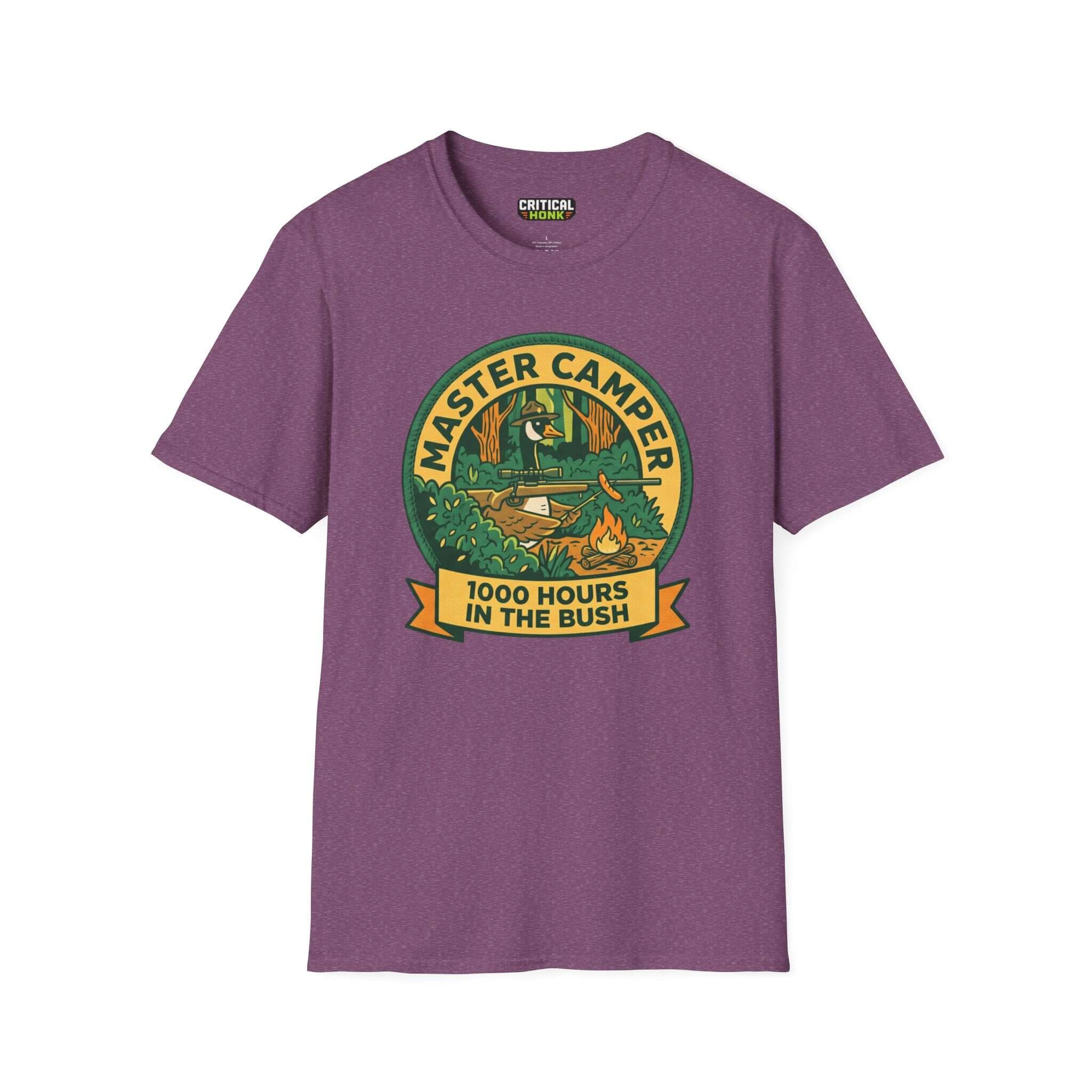 Master-camper T-Shirt in Heather Maroon featuring a camping graphic design and text '1000 Hours in the Bush'.