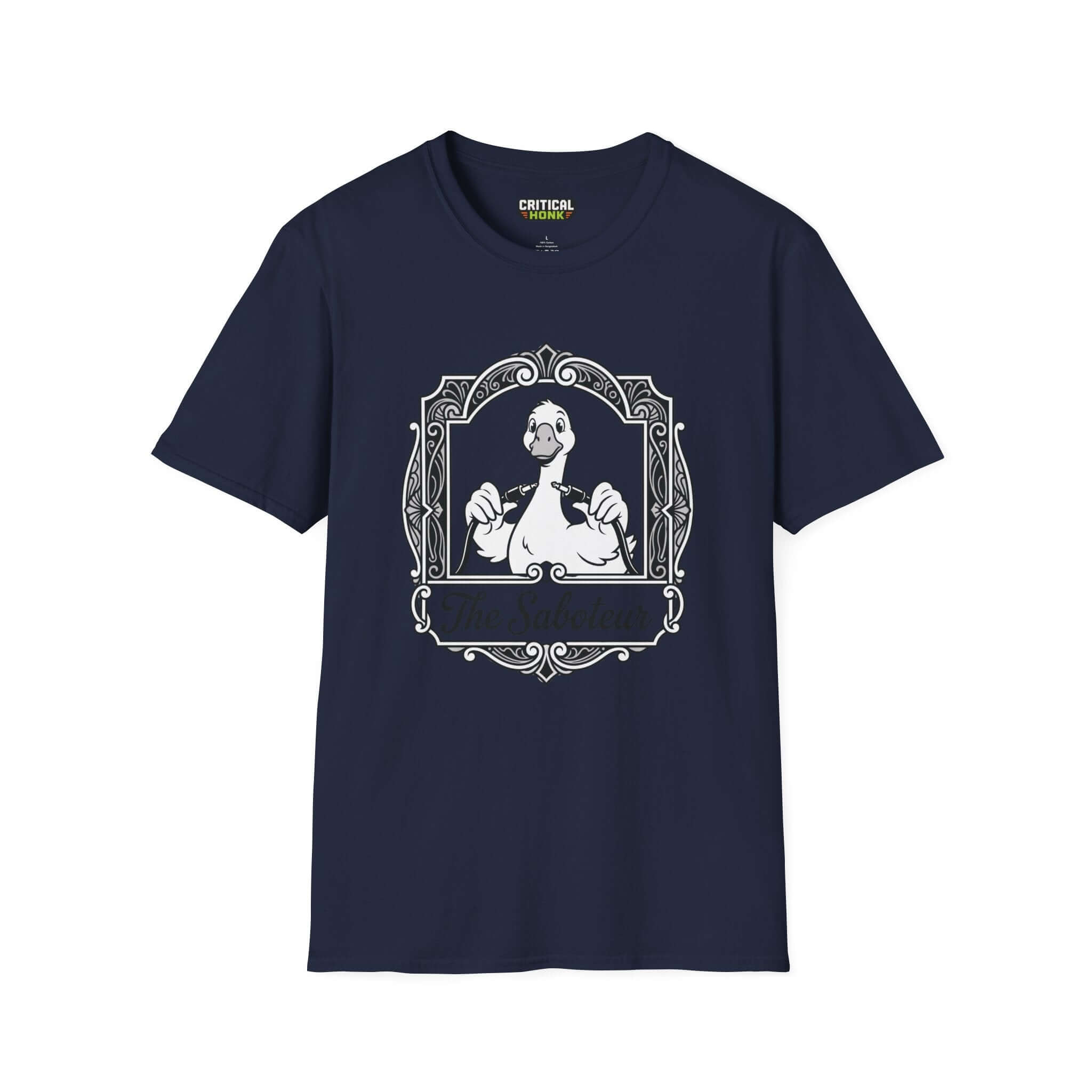 The saboteur T-Shirt in navy featuring a duck illustration from the Critical Honk Collection.