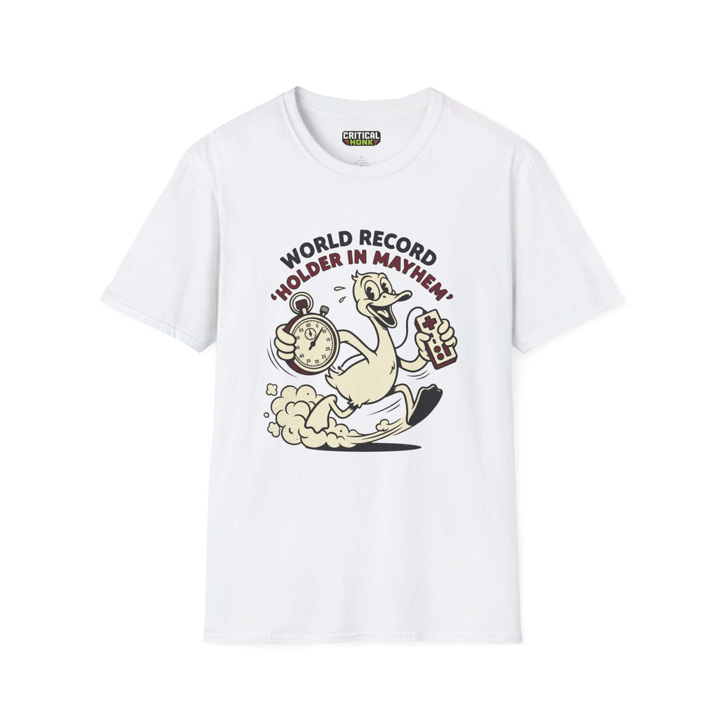 World record T-Shirt in white, featuring cartoon duck with stopwatch and game controller, from Critical Honk Collection.