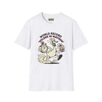 World record T-Shirt in white, featuring cartoon duck with stopwatch and game controller, from Critical Honk Collection.