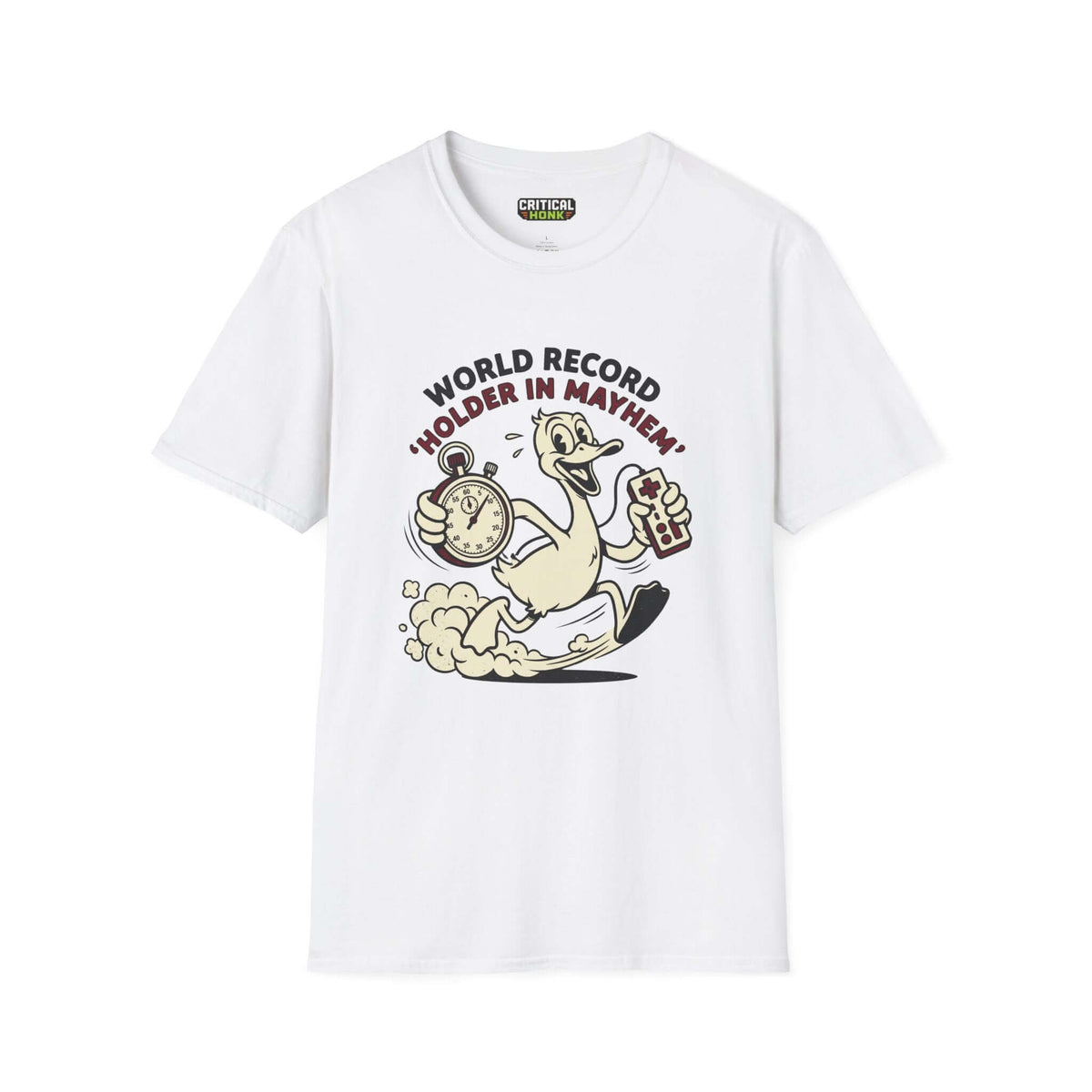 World record T-Shirt in white, featuring cartoon duck with stopwatch and game controller, from Critical Honk Collection.