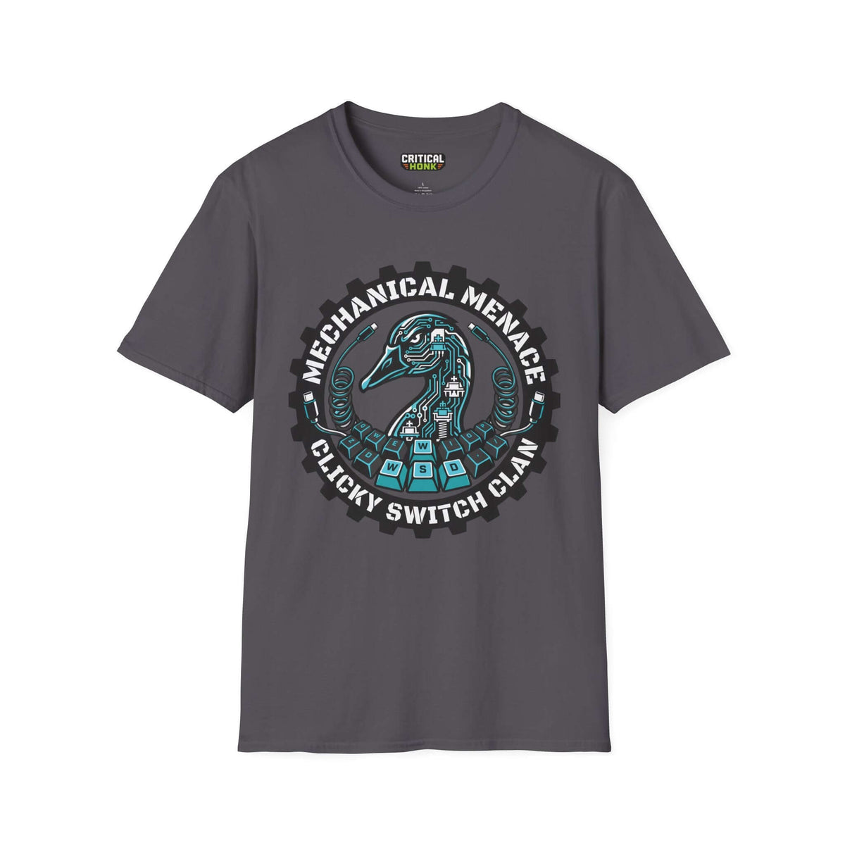 Mechanical menace T-Shirt featuring a grey design with a graphic of a bird and keyboard keys, part of the Clicky Switch Clan.