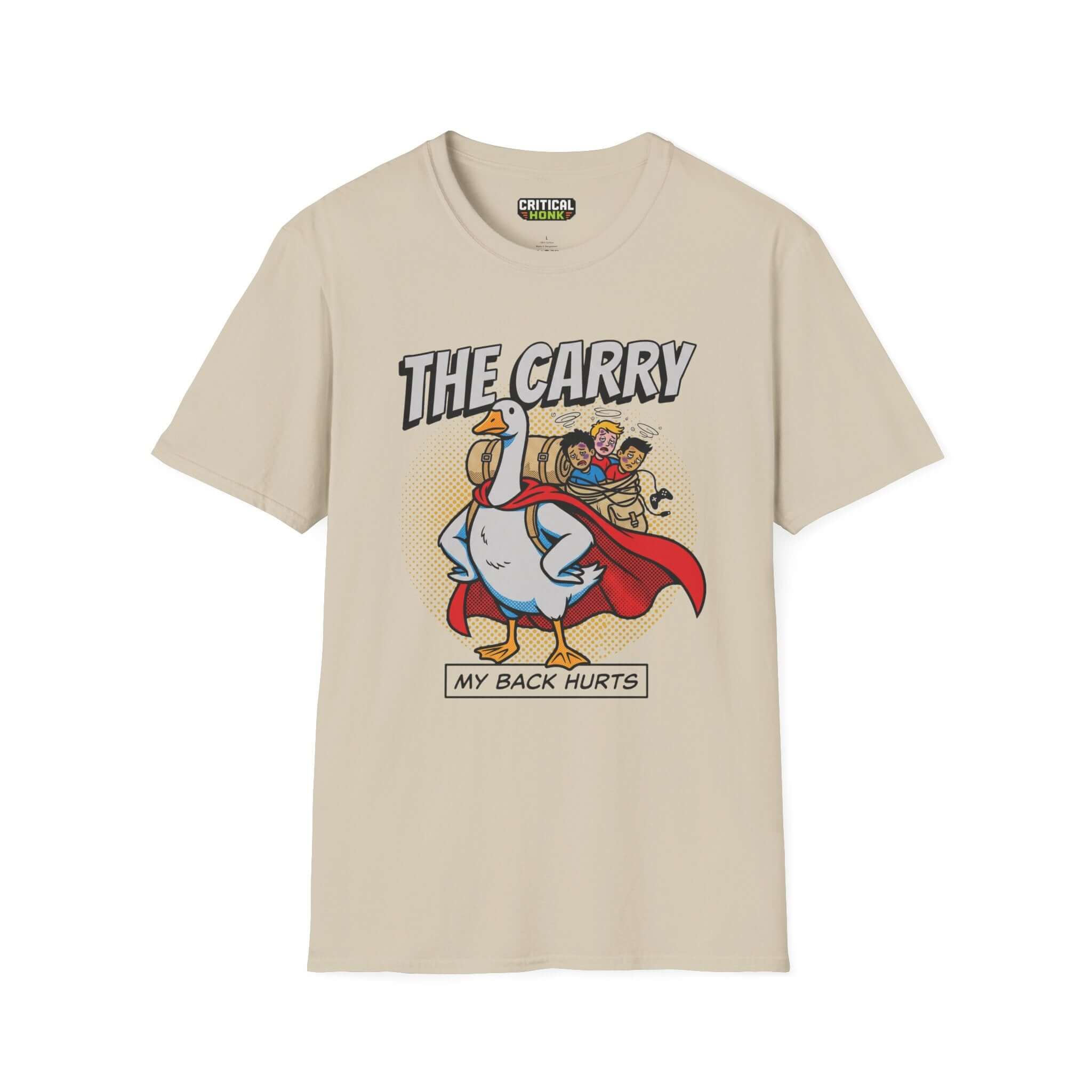 The carry T-Shirt featuring a superhero goose design on a sand-colored tee from Critical Honk Collection.
