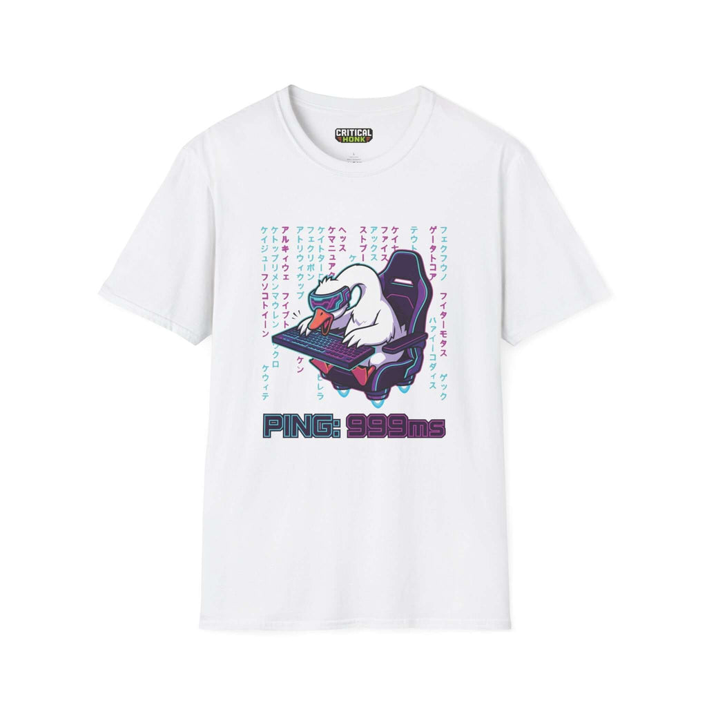 Ping 999ms T-Shirt in white featuring duck character gaming, from the Critical Honk Collection, made of soft 100% cotton.