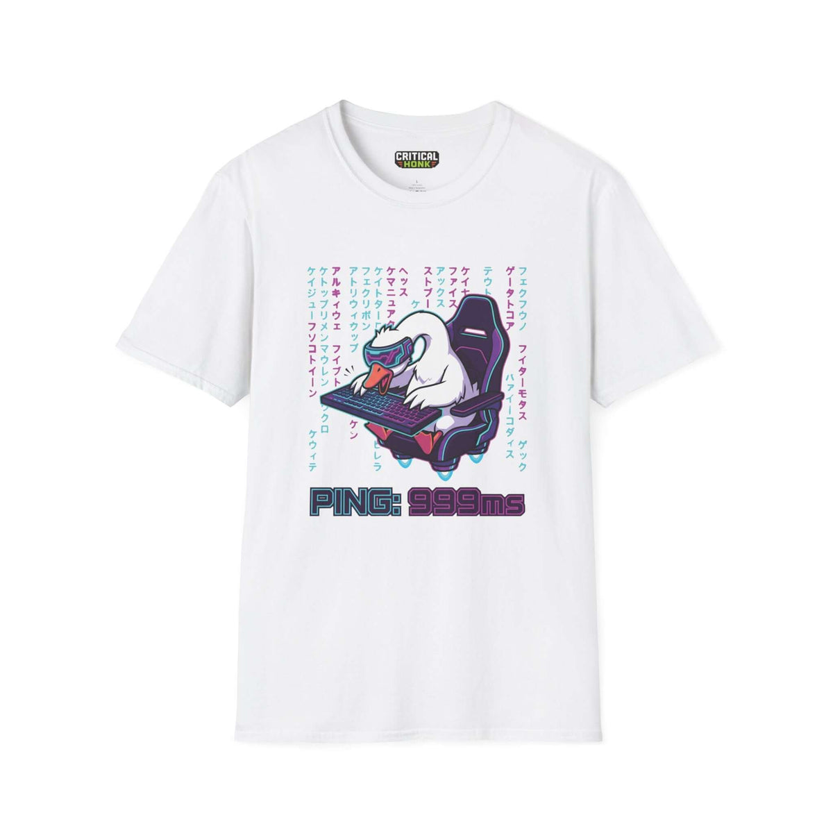 Ping 999ms T-Shirt in white featuring duck character gaming, from the Critical Honk Collection, made of soft 100% cotton.